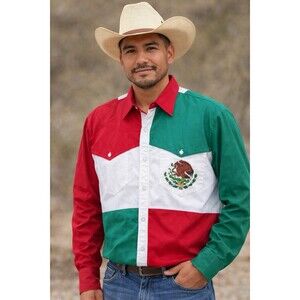 Vintage Western Mexico Flag Shirt Eagle Crest Rodeo Cowboy Button Down Medium